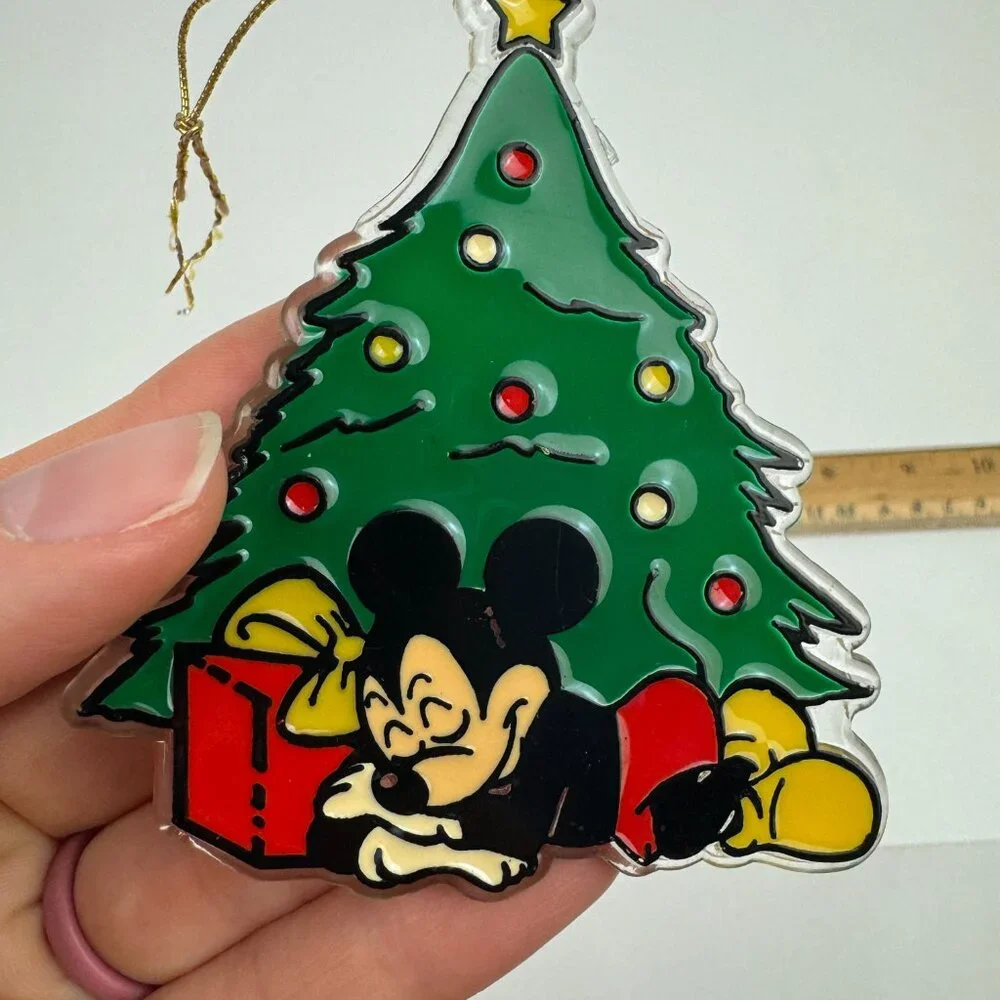 Vtg Mickey Mouse Sleeping Under Christmas Holiday Tree Ornament‎ Disney Plastic